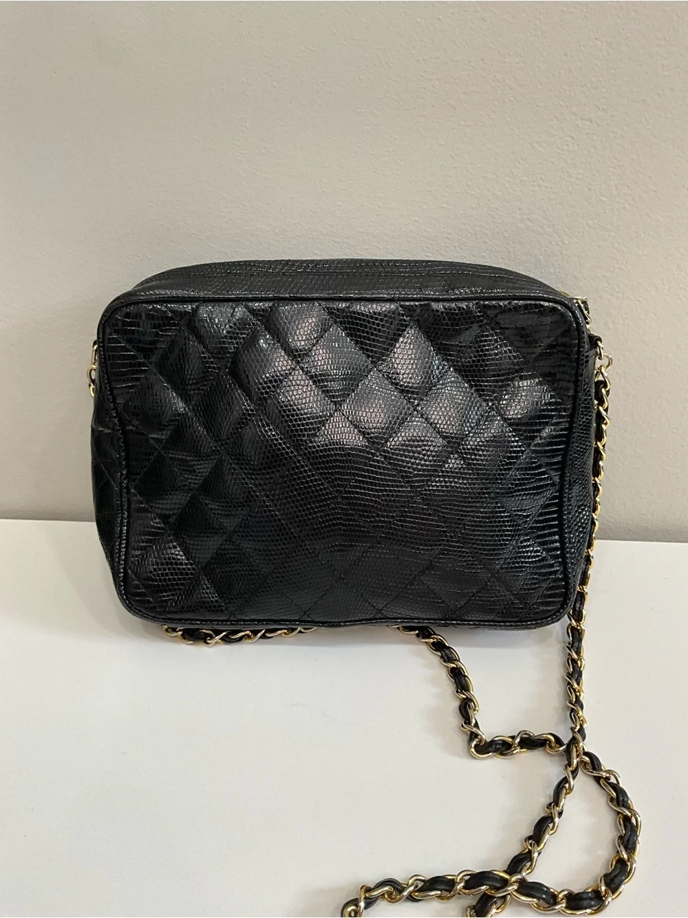 CHANEL Black Quilted Lizard Camera Bag CC Logo Tassel Gold Chain Crossbody CERT